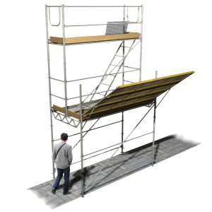 Estrutura de protecção de passagem pedonal sob andaime de fachada com viseira Estrutura de protecção de passagem pedonal sob andaime de fachada com viseira